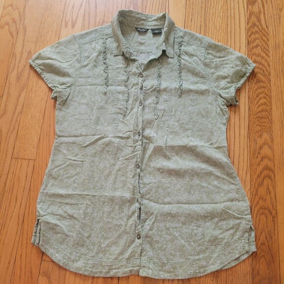 Eddie Bauer Green Button-Up Shirt With Ruffle Detail Short Sleeve Size S - Picture 5 of 6